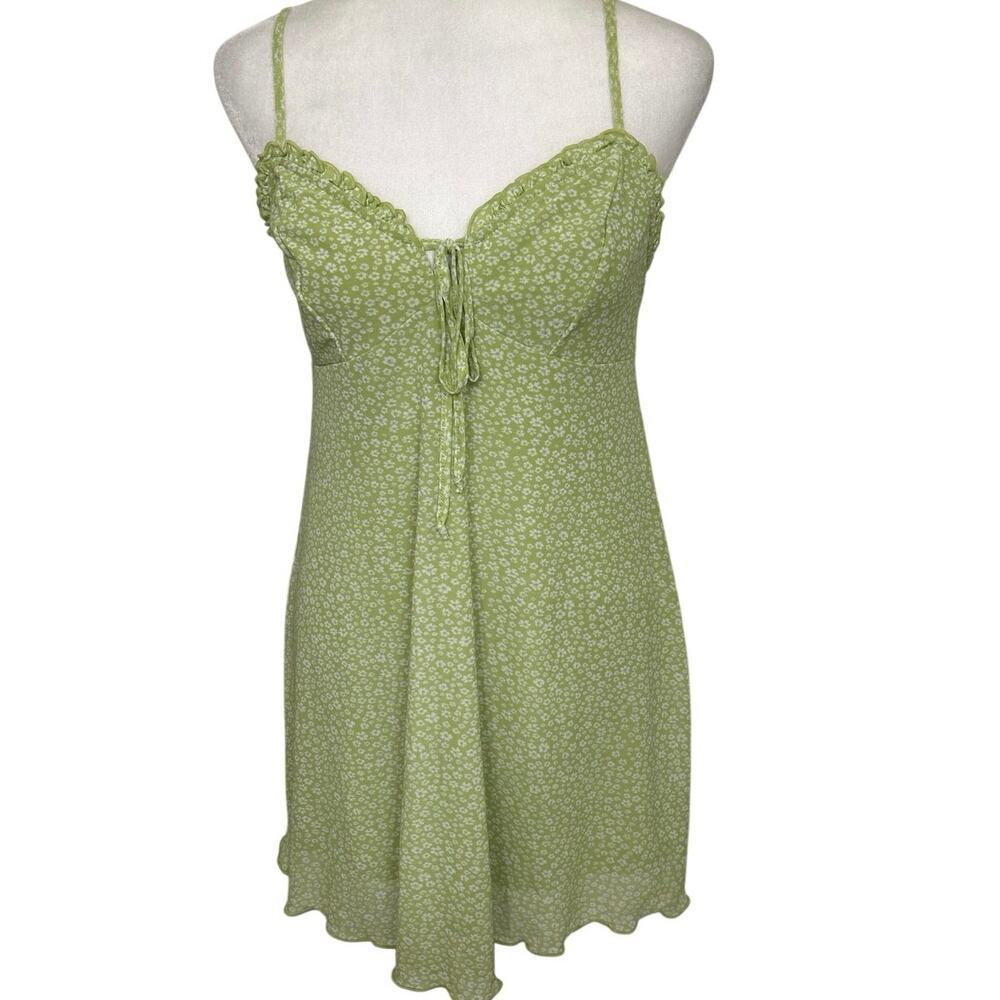 AE Y2K Babydoll Mesh Green Ditsy Floral Mini Dress Small Coquette Fairy Indie - Picture 2 of 13